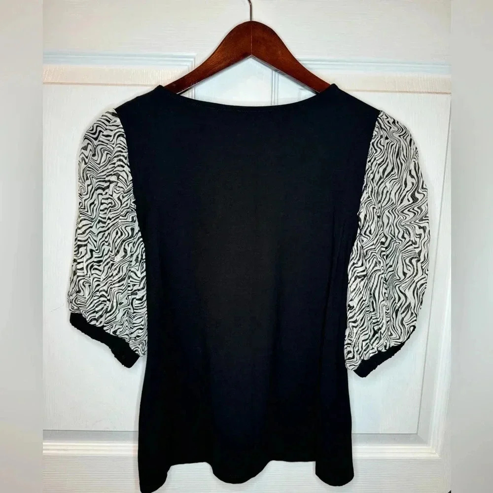 Tahari Black Top with White Patterned Puff Sleeves - Picture 2 of 5